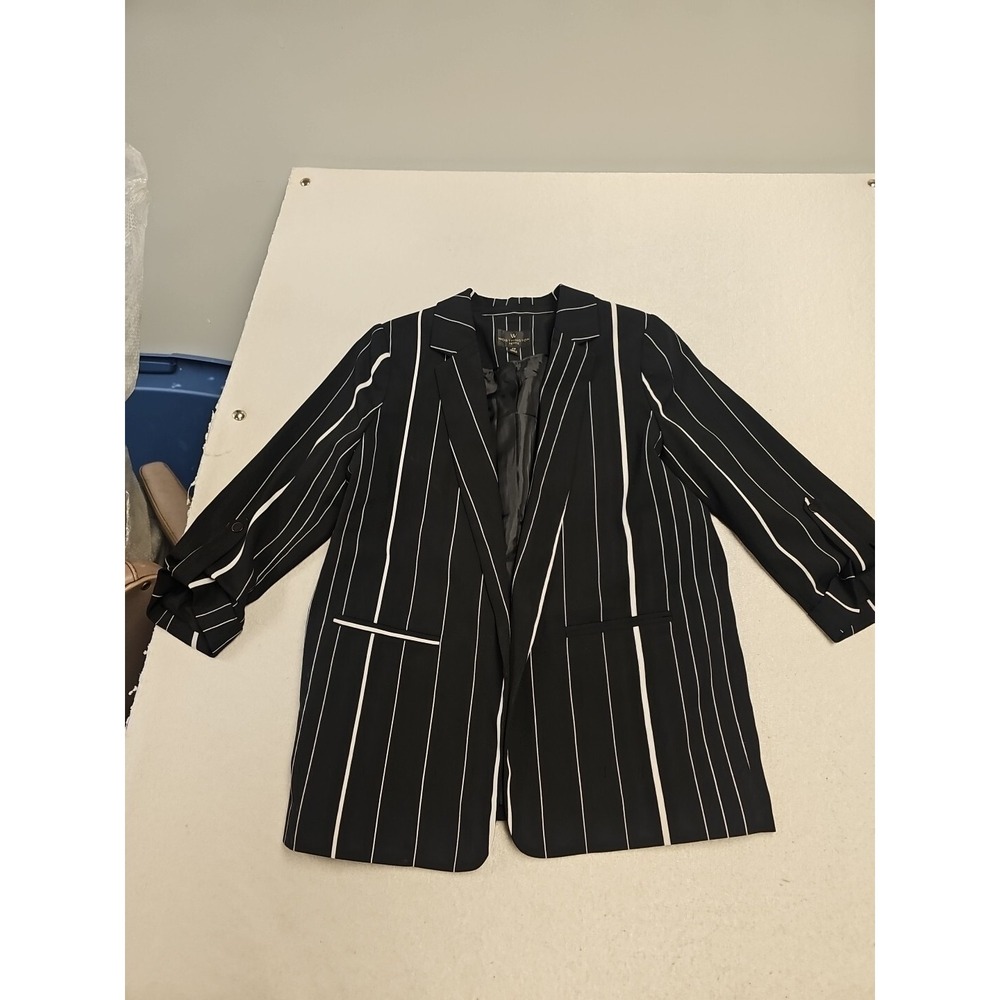 Worthington Petite Pinstripe Blazer Black White‎ Roll Tab Sleeve Jacket PS